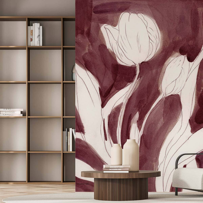 Papier peint tulipes aquarelle terracotta et beige floral élégant Intissé