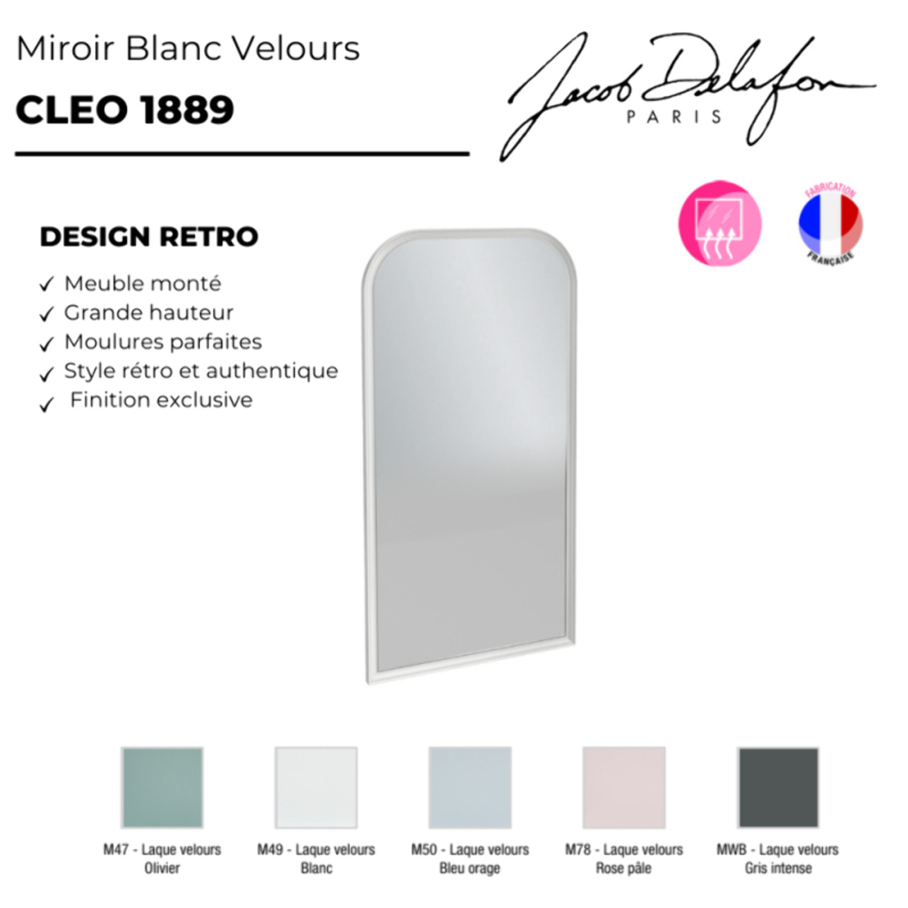 Miroir vertical salle de bain Cléo 1889 Blanc Velours