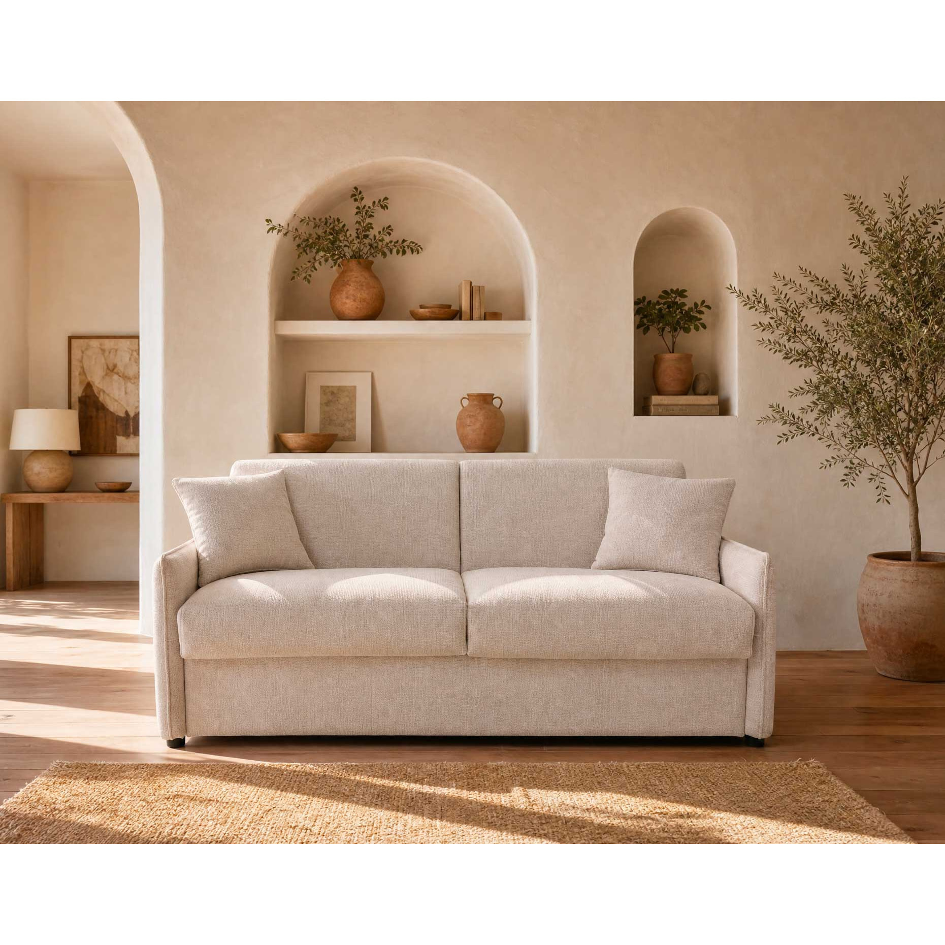 Adele - Canapé 3 places convertible express couchage quotidien 140 cm matelas 14 cm en tissu texturé - Beige