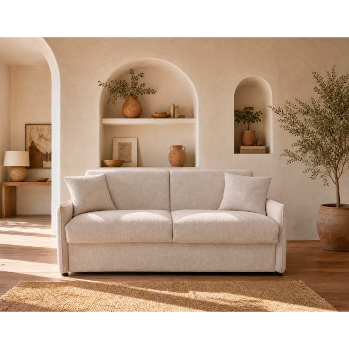 Adele - Canapé 3 places convertible express couchage quotidien 140 cm matelas 14 cm en tissu texturé - Beige