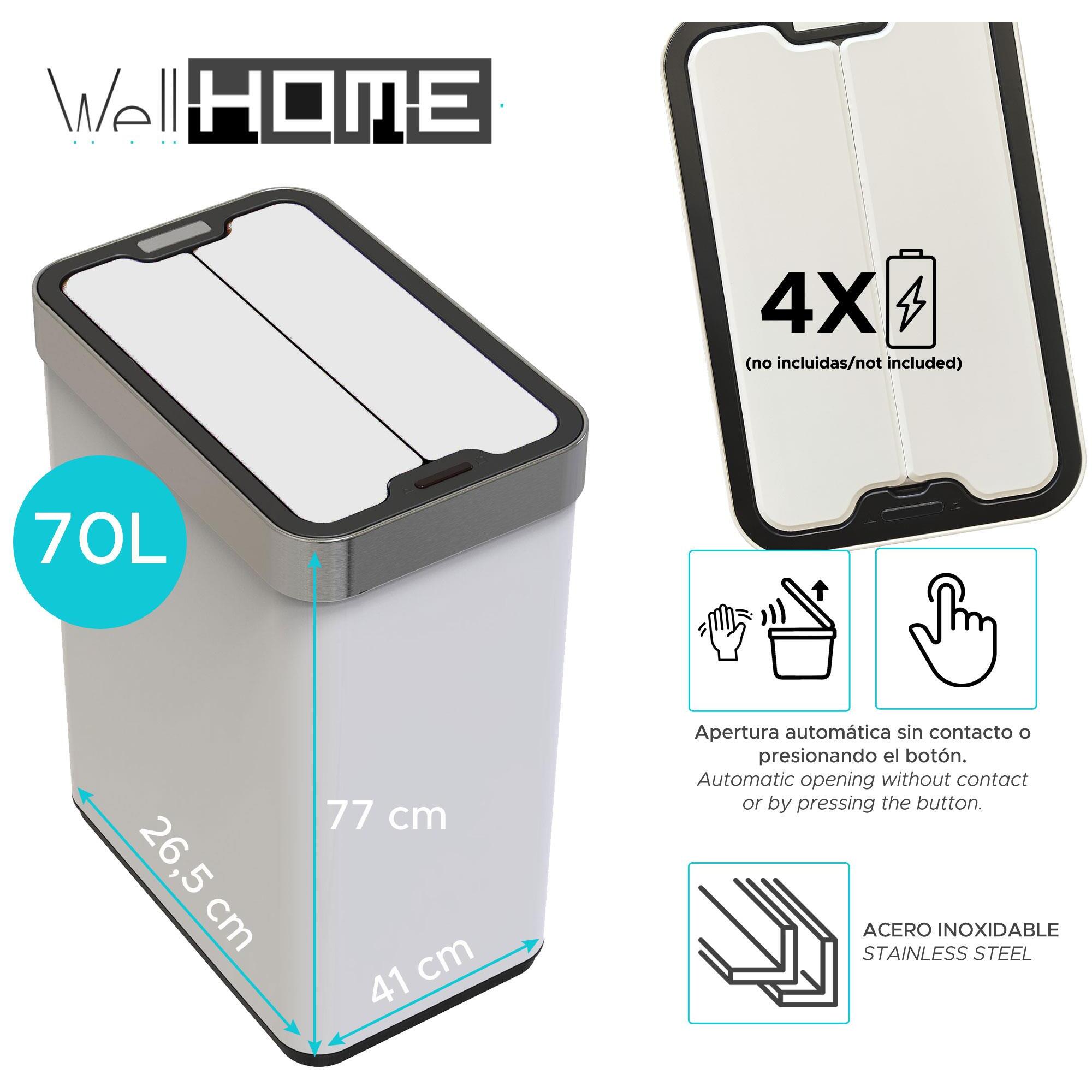 Cubo de Basura color blanco en acero inoxidable con apertura de alas y sensor automático