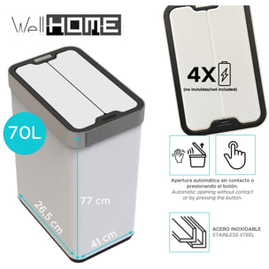 Cubo de Basura color blanco en acero inoxidable con apertura de alas y sensor automático