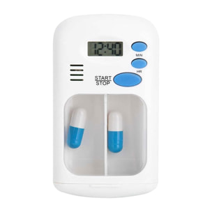 Pastillero con doble compartimento y alarma con temporizador.