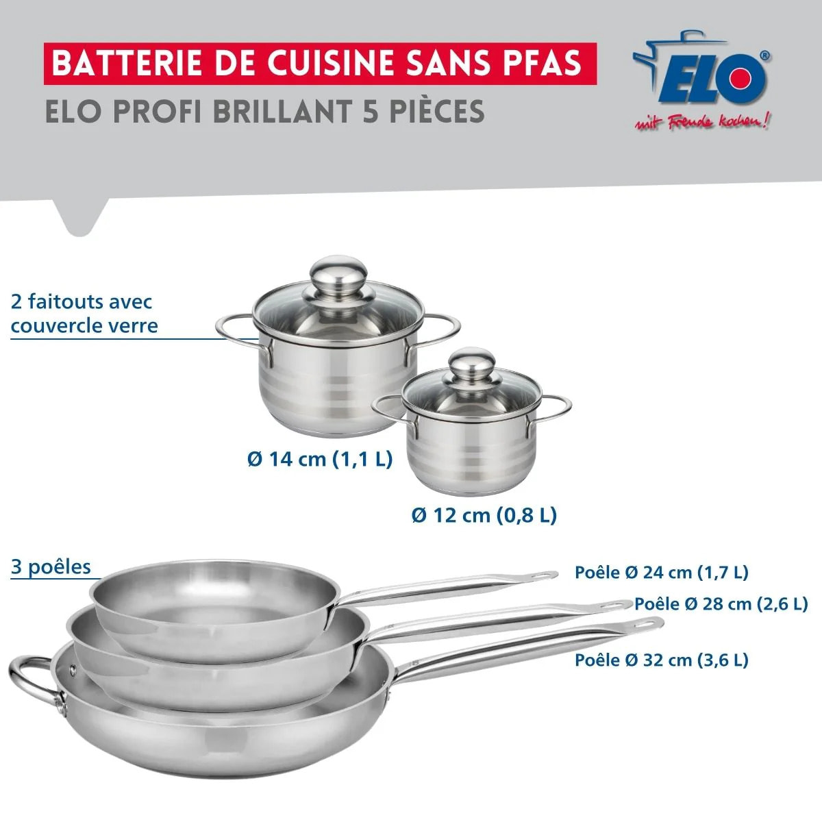 Ensemble de 3 Poêles de cuisson 24, 28 et 32 cm et 2 faitouts 12 et 14 cm Elo Profi Brillant