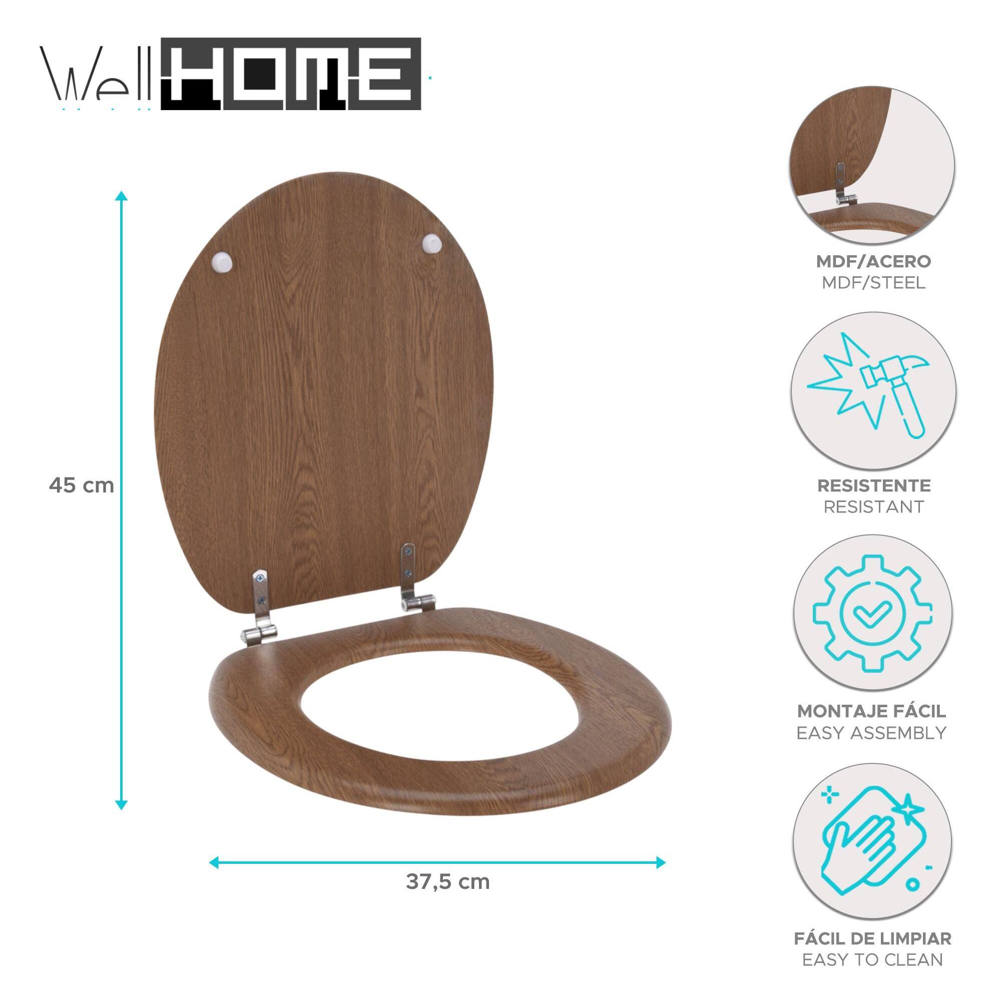 Well home asiento de inodoro mdf con tapa y bisagras de acero inoxidable color madera 37,5x5,5x45cm