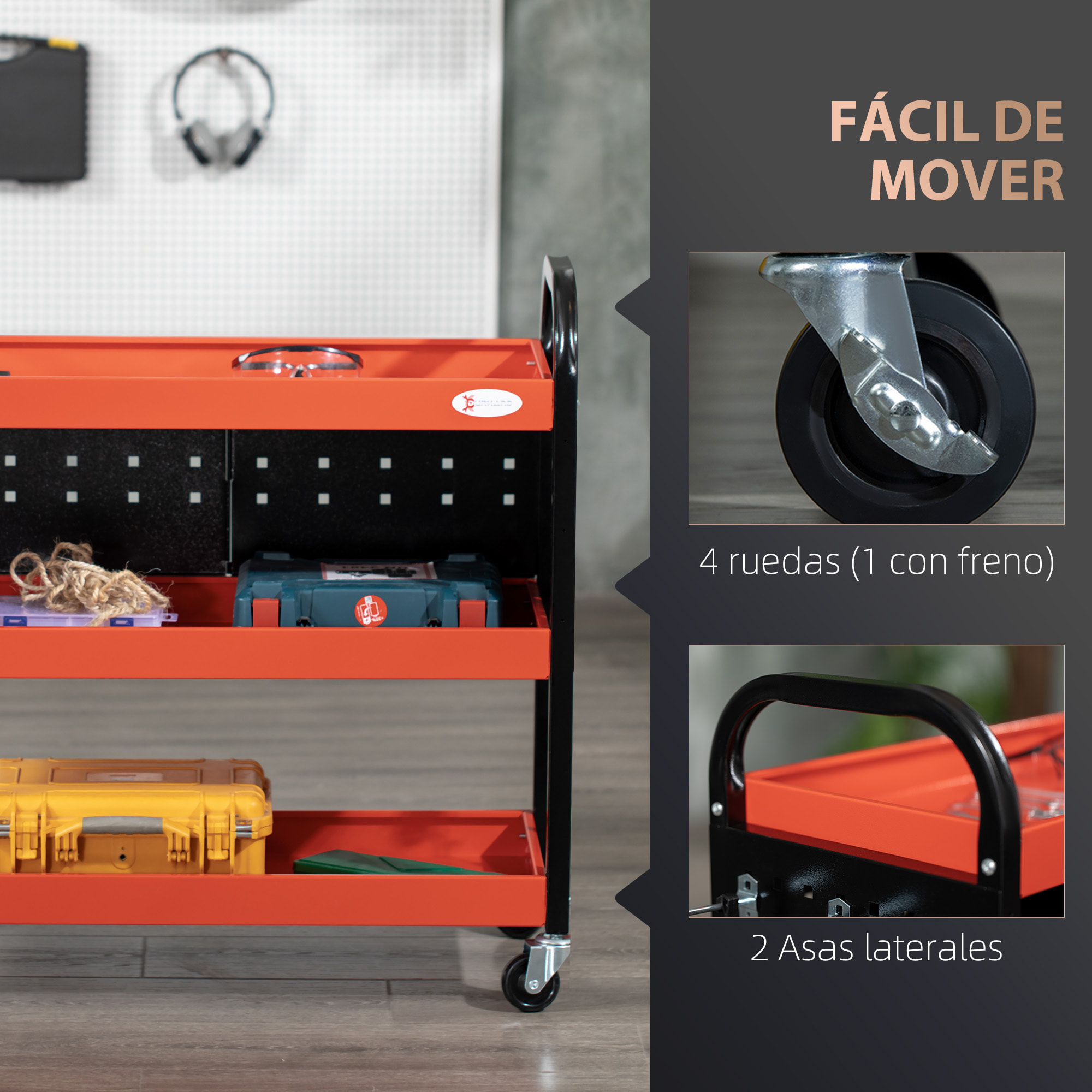 Carro de Taller Carro de Herramientas con 3 Estantes Ruedas y Paneles Perforados para Garaje Mecánico Hogar Carga 100 kg Rojo y Negro