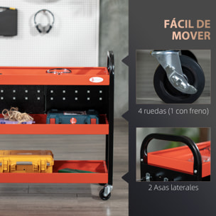 Carro de Taller Carro de Herramientas con 3 Estantes Ruedas y Paneles Perforados para Garaje Mecánico Hogar Carga 100 kg Rojo y Negro