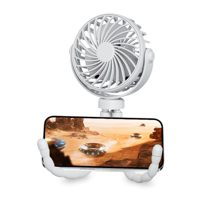 Ventilador portátil T004. Con 3 velocidades, motor sin escobillas de 35 dB y patas flexibles tipo trípode. Luz nocturna, giro de 360° y uso como ventilador de mano o sobremesa.