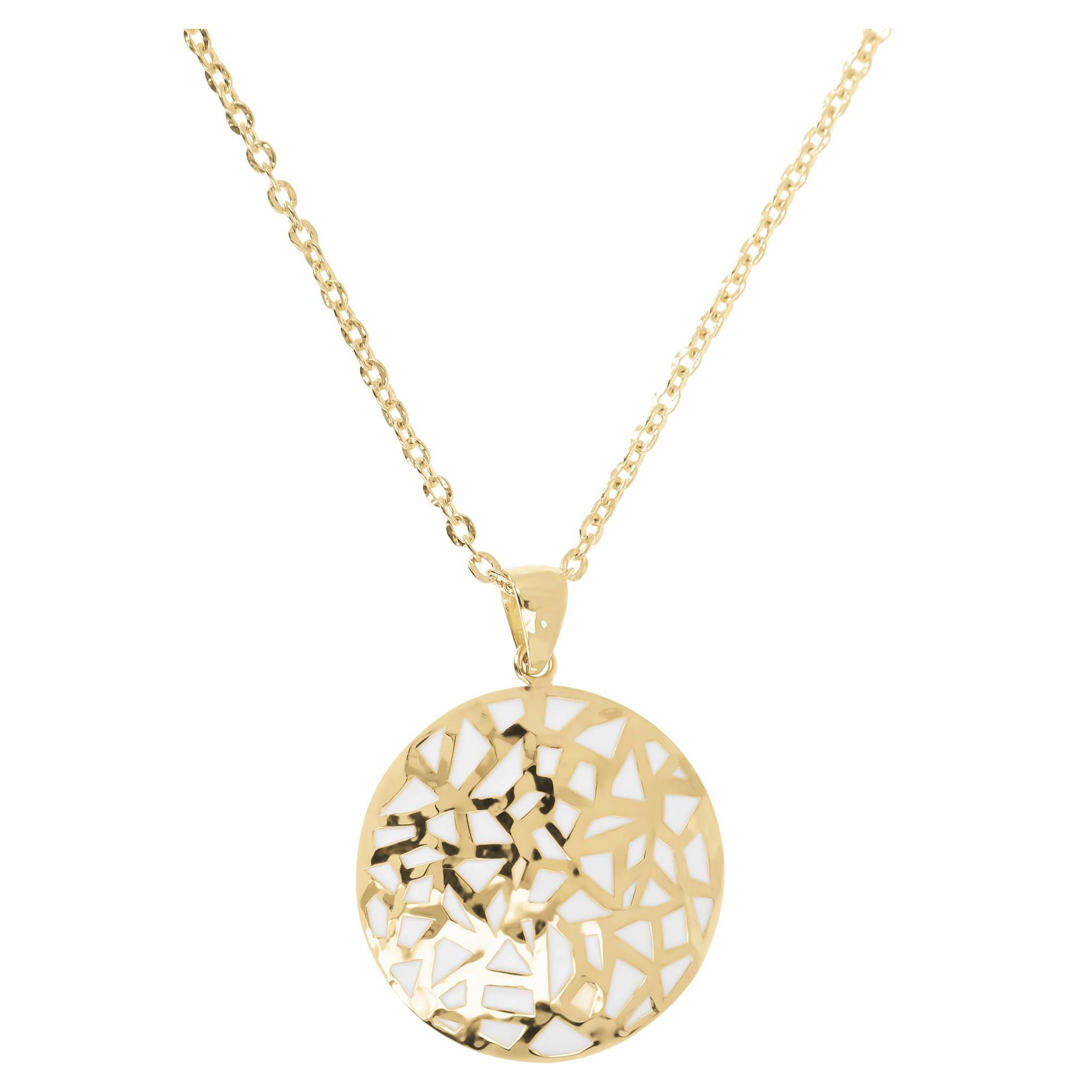 Collana Lunga Catena Forzatina con Pendente Bianco Tondo Smaltato e Traforato