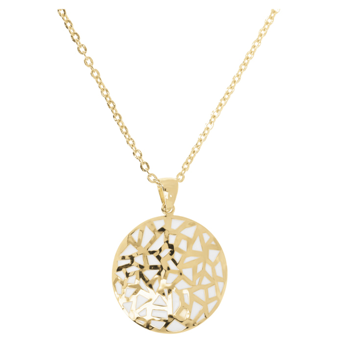 Collana Lunga Catena Forzatina con Pendente Bianco Tondo Smaltato e Traforato