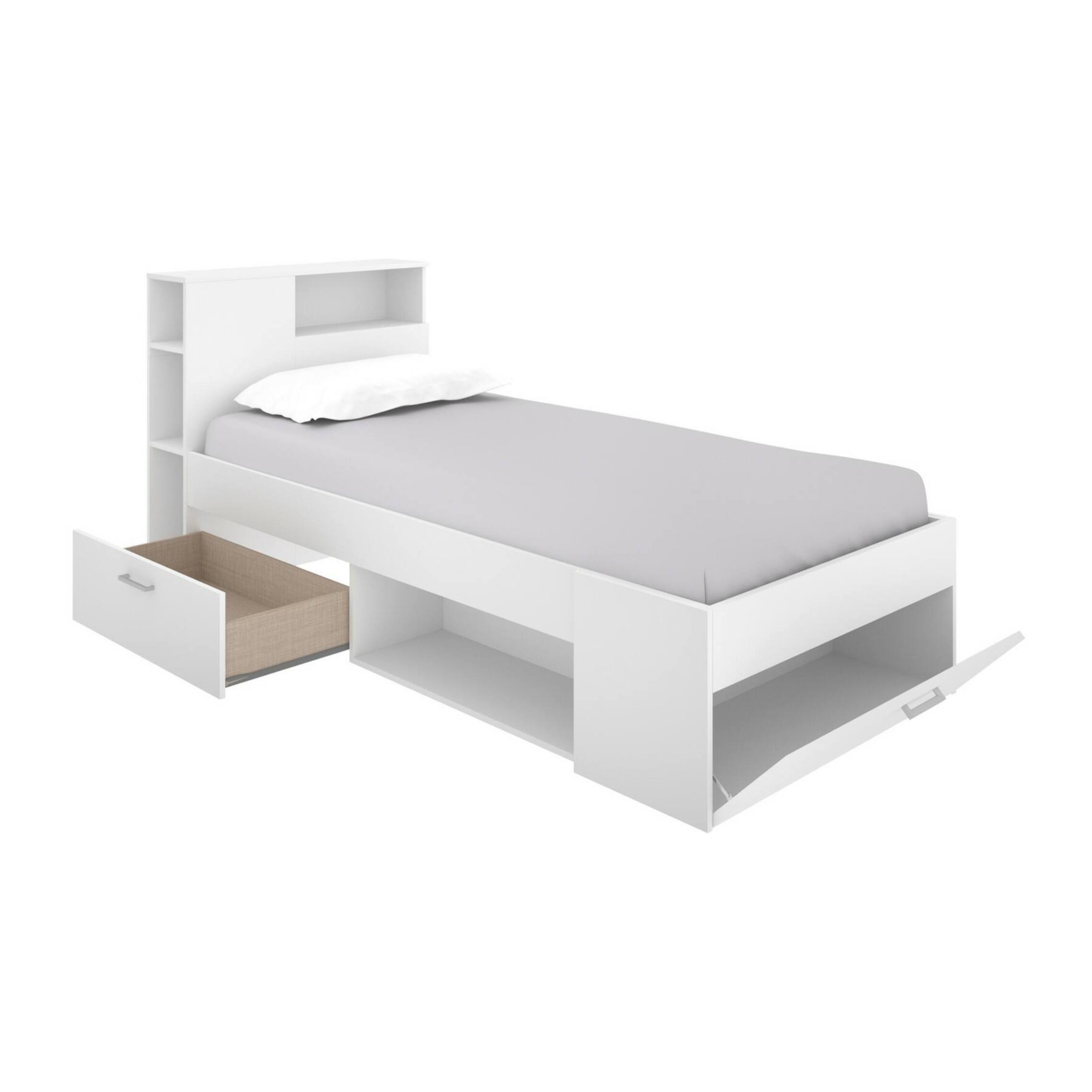 Letto per bambini Cristallo, Lettino per cameretta con testiera, Struttura per letto singolo con cassetto e scaffali, 218x99h96 cm, Bianco