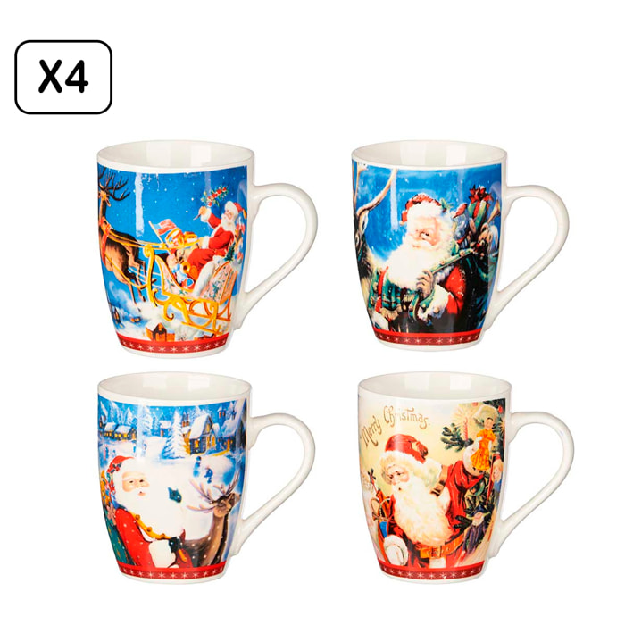 Pacchetto di 4 tazze di Natale 350ml. Assortimento di 4 design di Babbo Natale con regali.