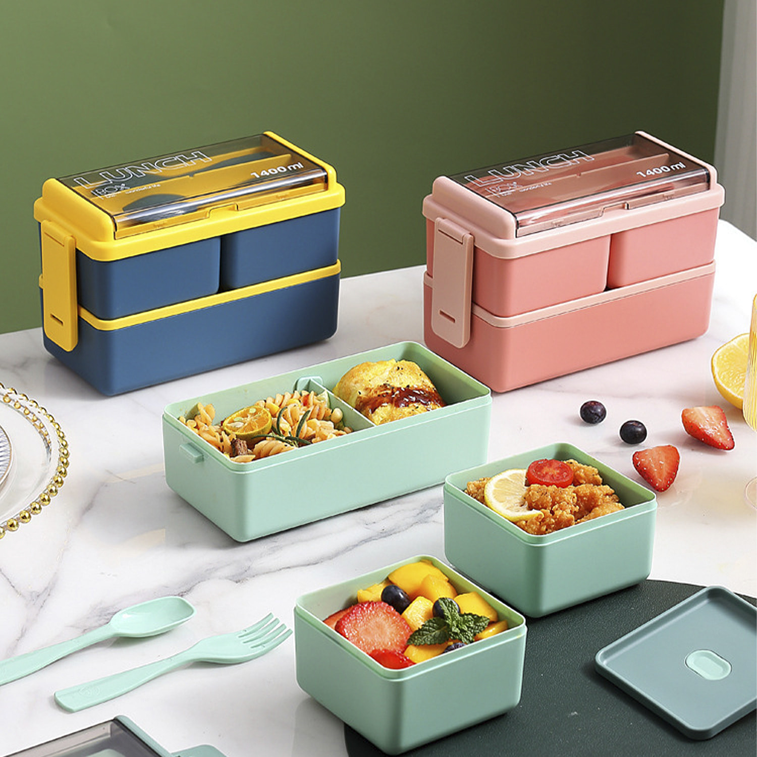 Lunch box ermetico a 2 altezze, per conservare gli alimenti, 1400ml. Include posate. Adatto al microonde