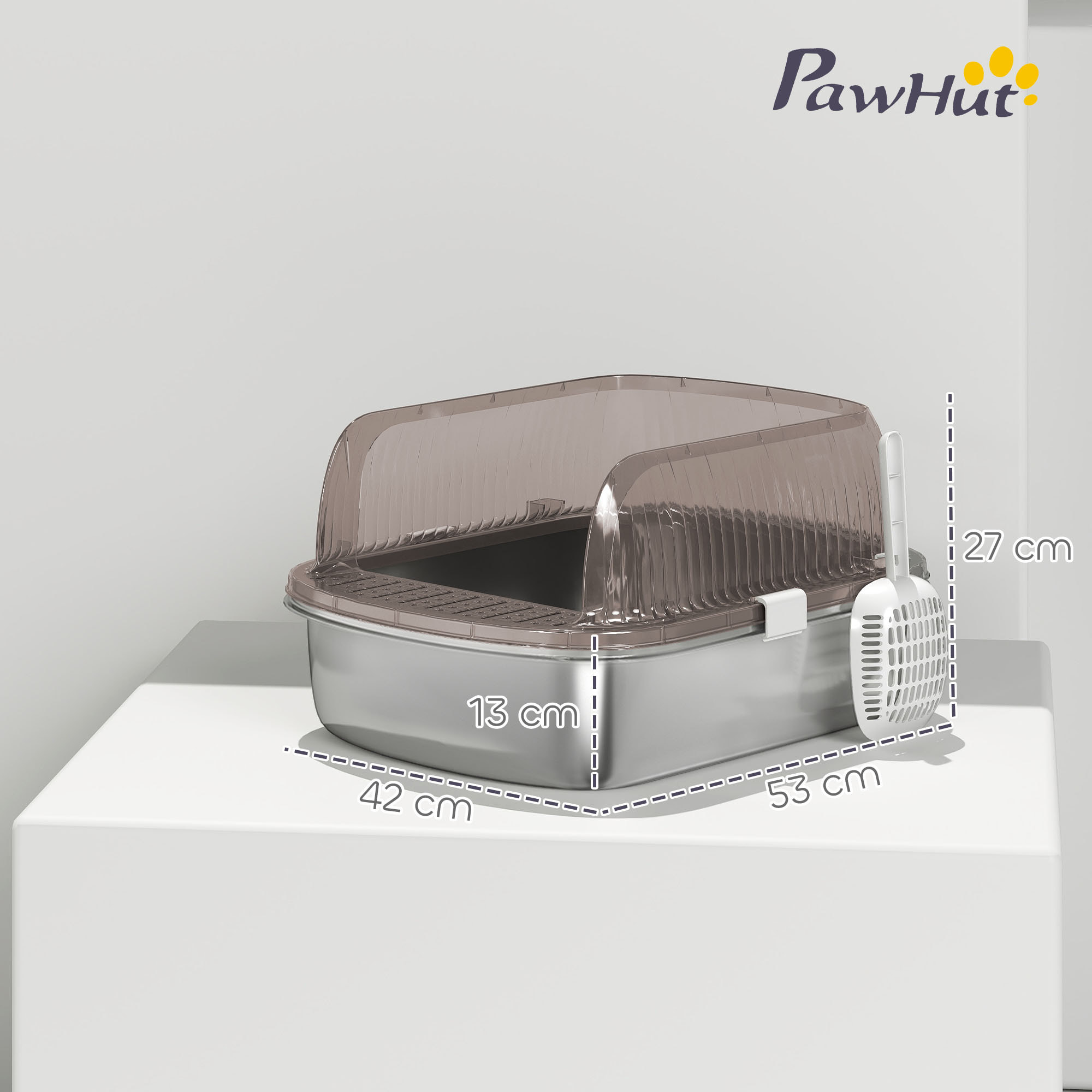 Arenero para Gatos Cubierto Extragrande Caja de Arena Cerrado con Bandeja de Acero Inoxidable Bordes Altos Pala y Zona para Caída de Arena sin Olor Fácil Limpieza para Gatos Grandes Gris