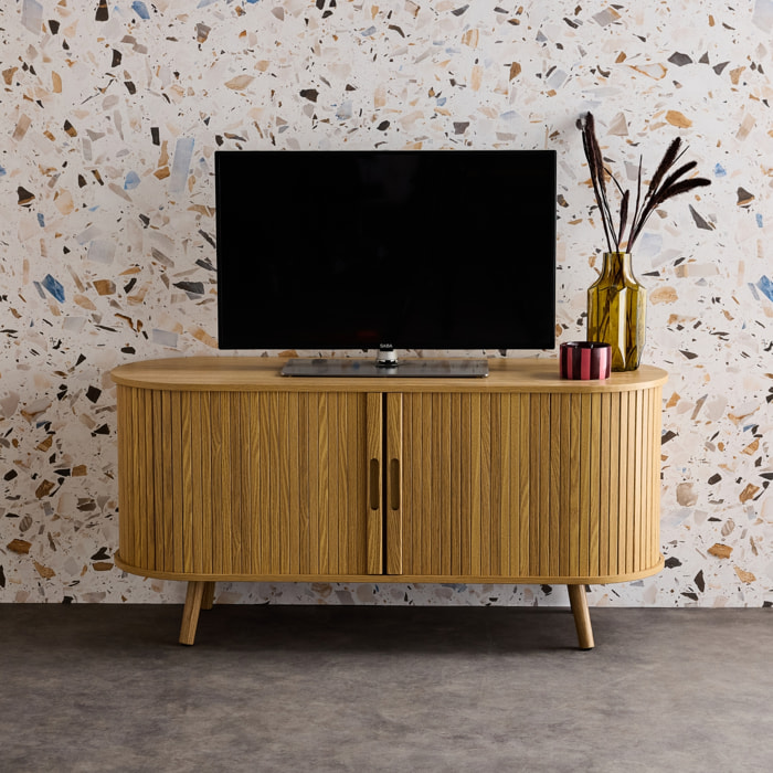 Meuble TV scandinave 2 portes coulissantes. 4 compartiments. effet bois rainuré naturel. L120 x 40 x 57 cm