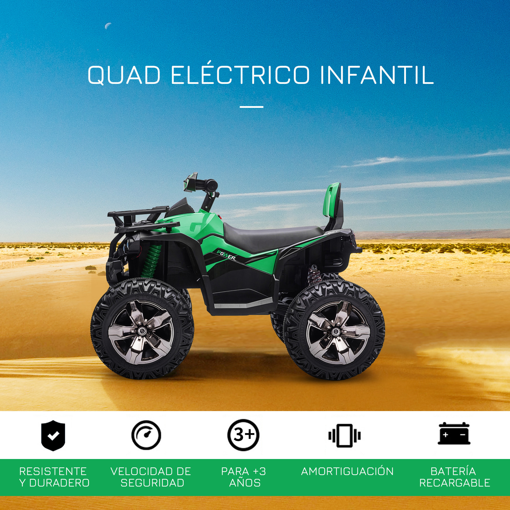 Quad Eléctrico 12V para Niños +3 Años con 2 Motores Faros Música Neumáticos de Suspensión Botones Avance y Retroceso Vehículo Eléctrico a Batería 100x65x73 cm Verde