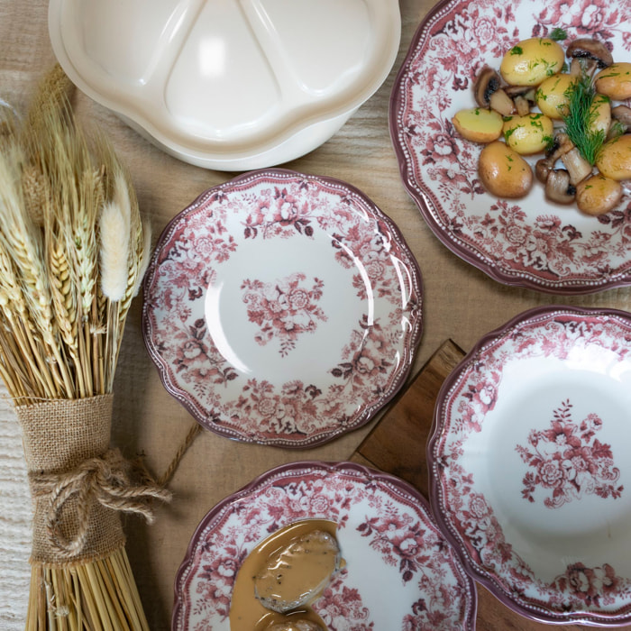 Lot de 6 assiettes plates fleuries en grès rose 26cm FAUSTINE