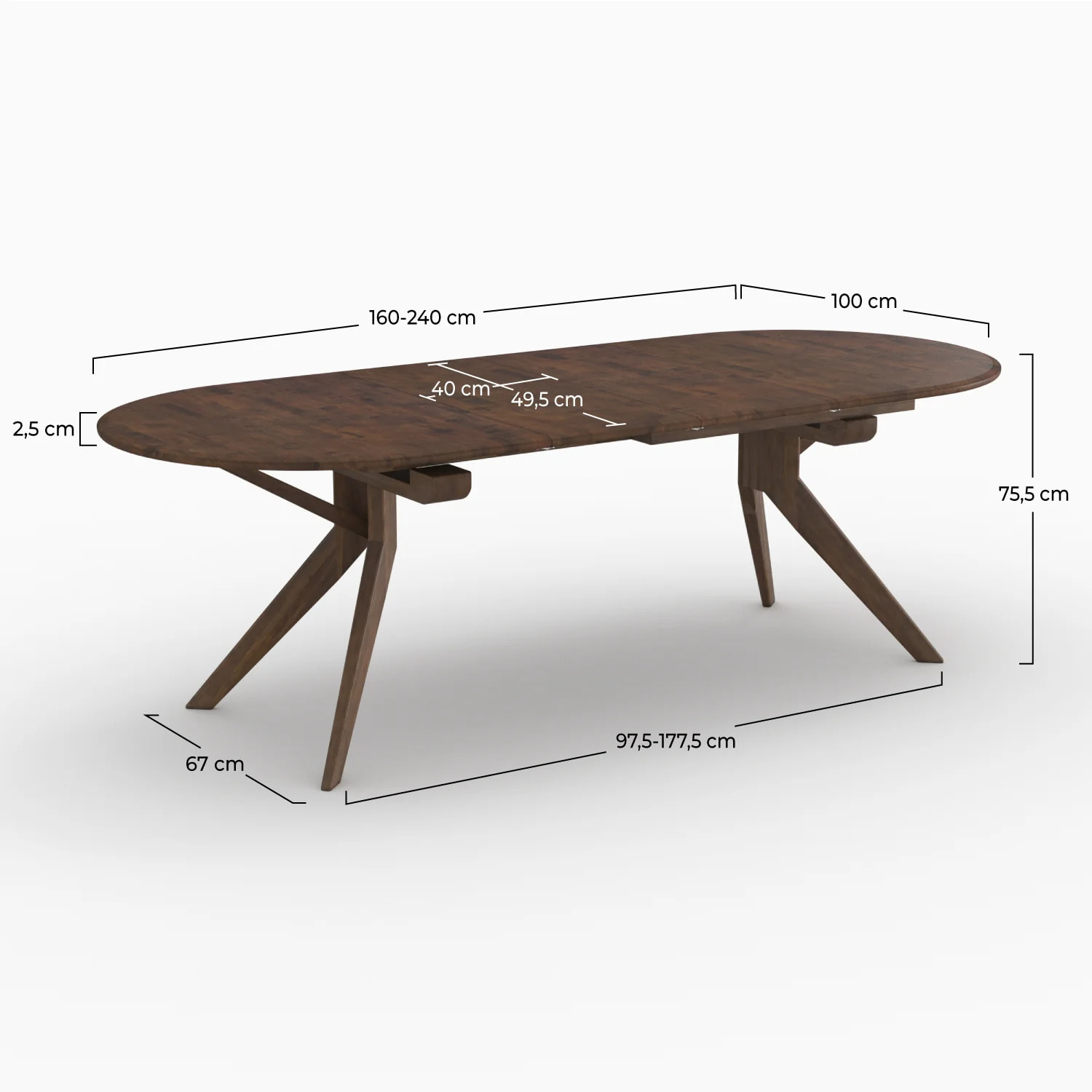 Table extensible en bois d'hévéa massif foncé 6 à 10 personnes - Oli
