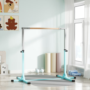 Barre fixe de gymnastique enfant - barre de gymnastique hauteur réglable 13 niveaux 92 à 150 cm - acier cyan bois massif hêtre