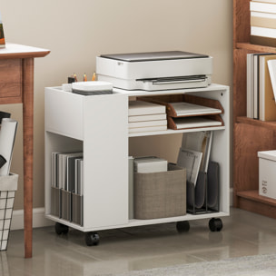 Mueble para Impresora con Ruedas, Soporte de Impresora con Compartimentos Superiores, Estantes Abiertos, para Oficina, Hogar, Estudio, 70x36x60 cm, Blanco