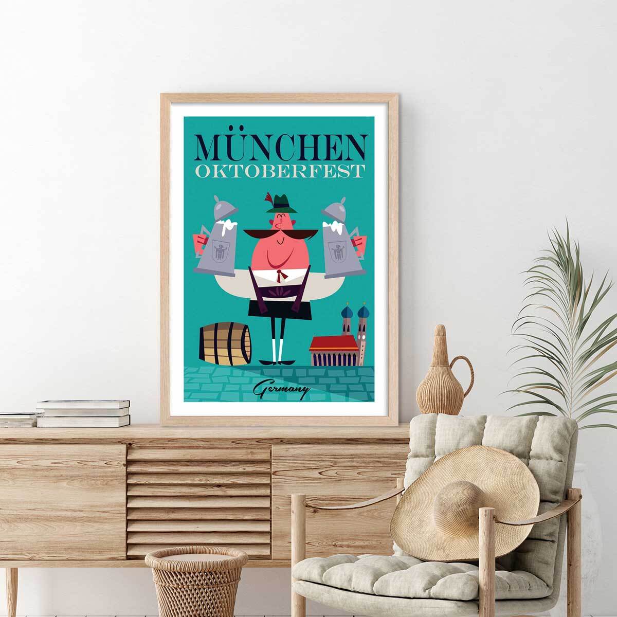 Poster retro munchen Affiche + cadre en bois - Chêne