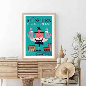Poster retro munchen Affiche + cadre en bois - Chêne