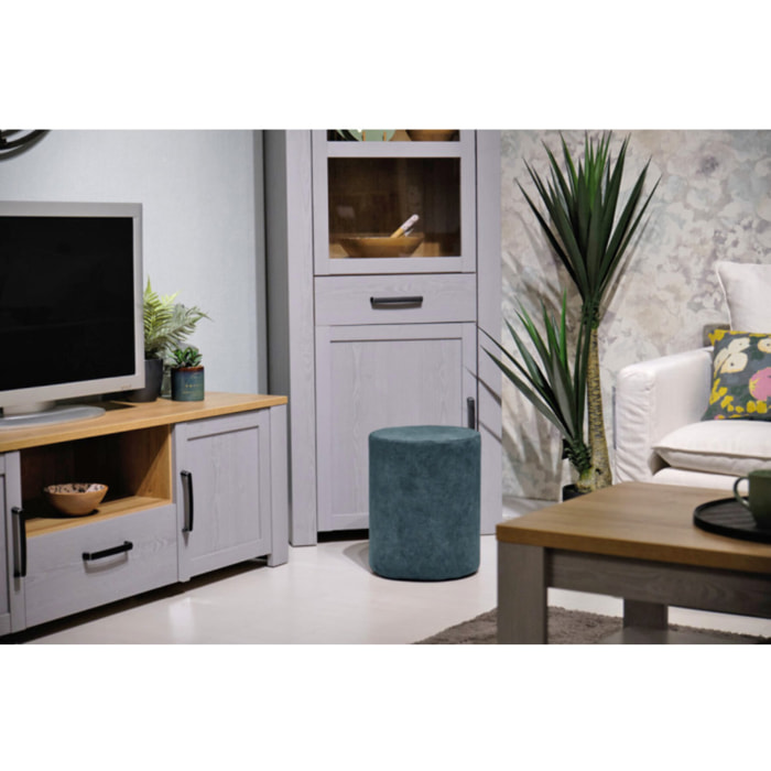 Pouf et repose pied 41 cm cylindrique en tissu - bleu pétrole - AURORA