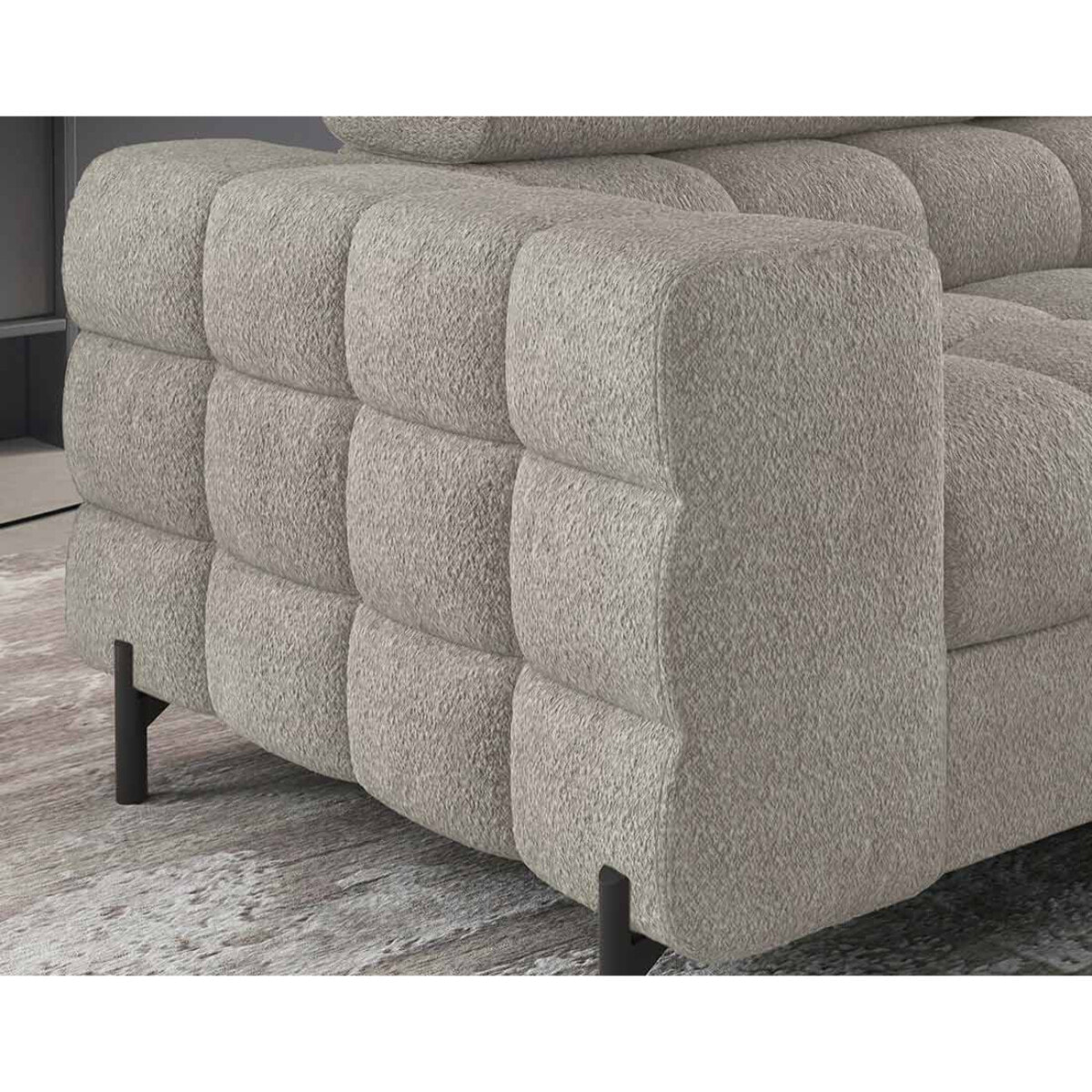 Elisa - canapé d'angle droit 5 places convertible avec coffre et têtières réglables en tissu bouclette - Taupe