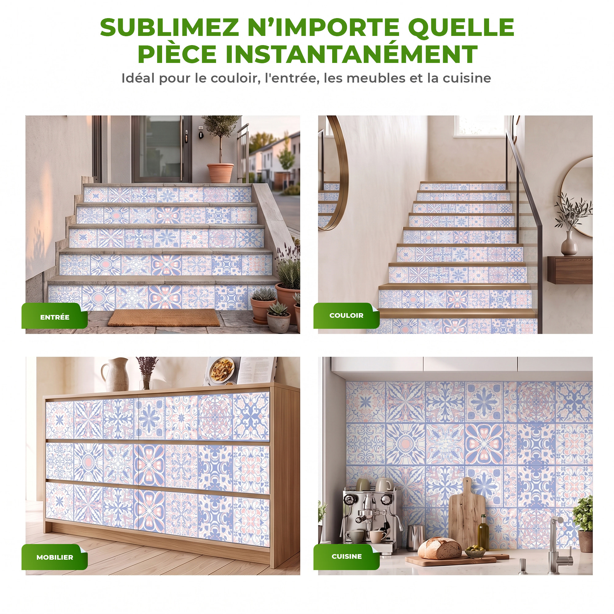 Stickers adhésifs escalier carrelages | Sticker Autocollant contremarche Carreaux de ciment carrelages adhésif - BLEU D'ORIENT