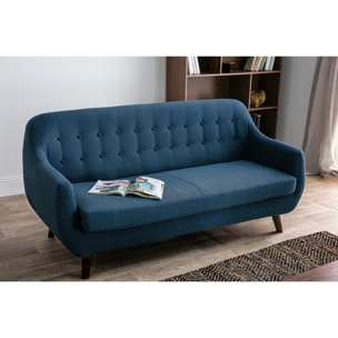 Canapé déhoussable 3 places en tissu bleu foncé et bois foncé YNOK