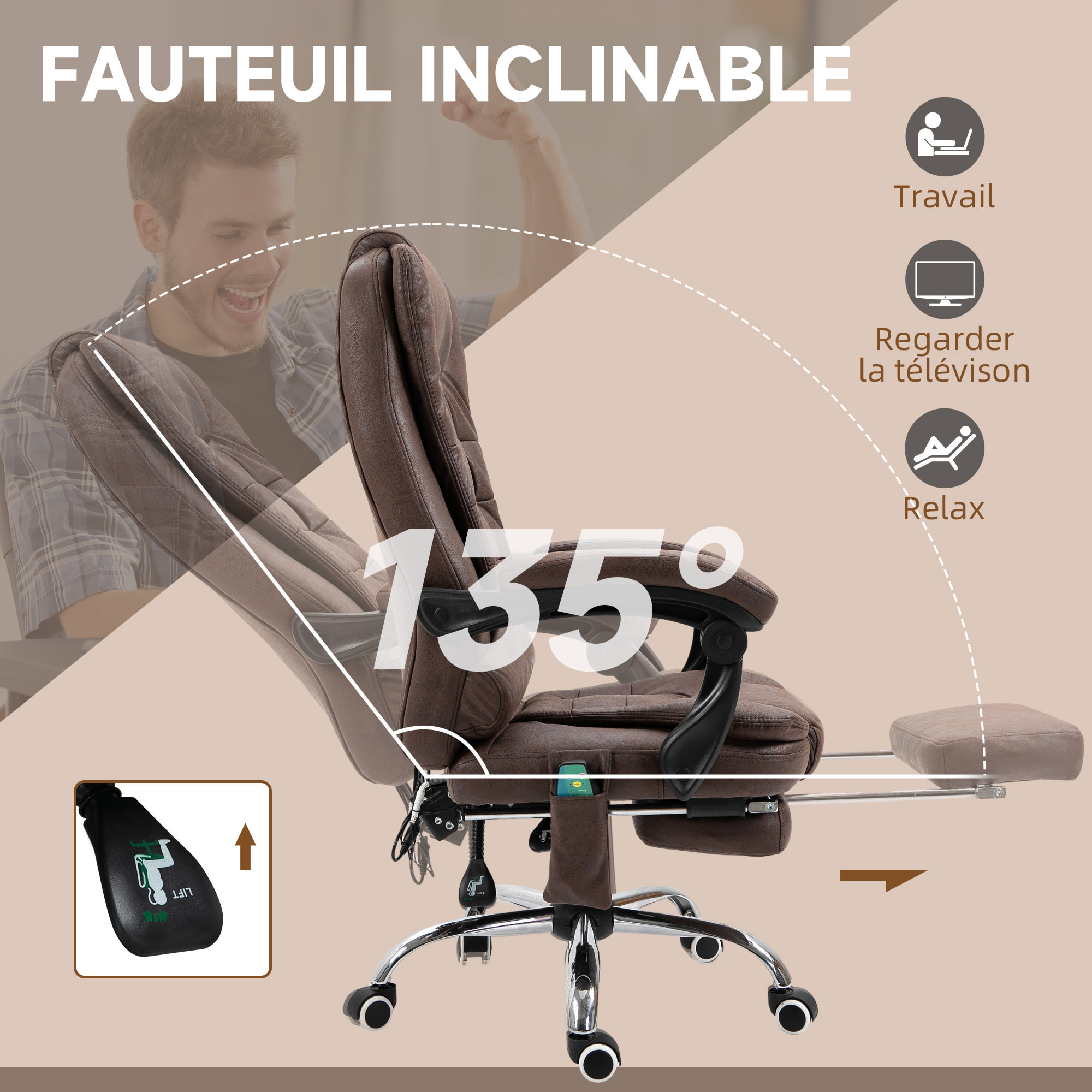 Fauteuil de bureau direction massant chauffant hauteur réglable dossier inclinable repose-pied rétractable tissu technique marron