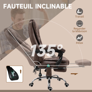 Fauteuil de bureau direction massant chauffant hauteur réglable dossier inclinable repose-pied rétractable tissu technique marron