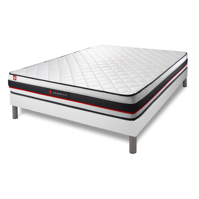 Ensemble - Matelas Mousse haute densitée avec micro-cellules d'air 19cm d'épaisseur - 1 zone de confort - Confort très ferme - Sommier tapissier monobloc - 2 places