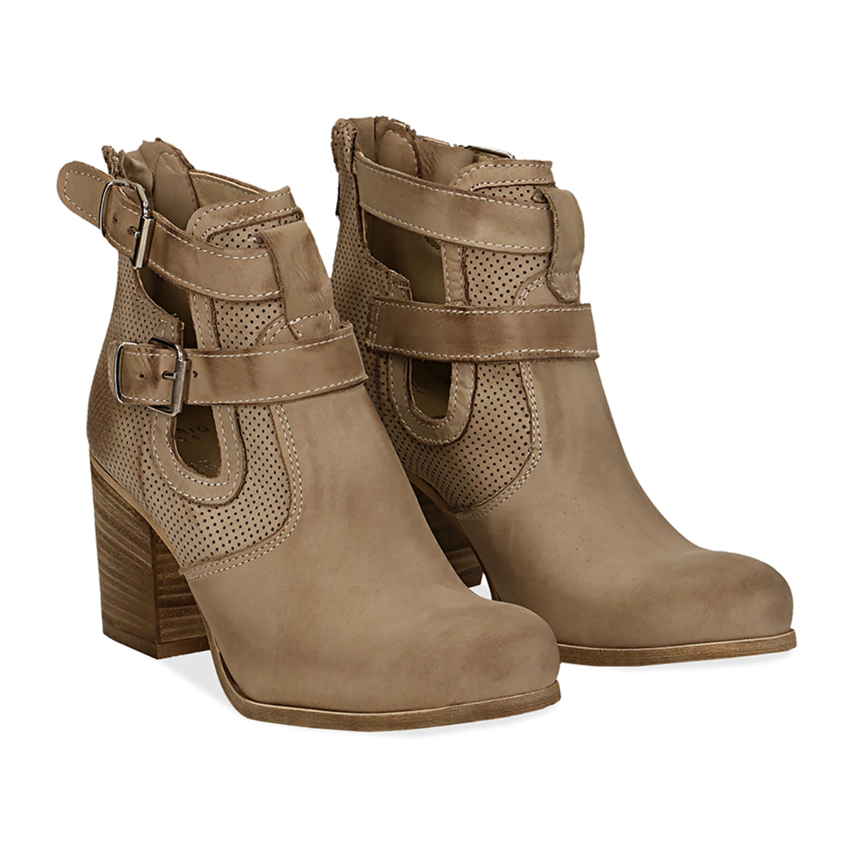 Ankle boots beige in nabuk con cinturini, tacco 7 cm