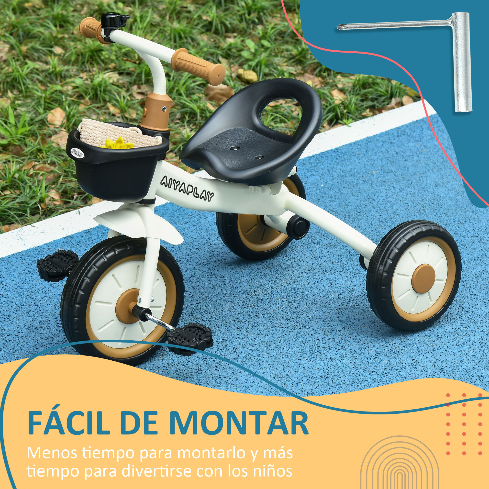 Triciclo para Niños de 2 a 5 Años Bicicleta Infantil con Asiento Ajustable Cesta Timbre Pedales y 3 Ruedas Carga 25 kg 70,5x50x58 cm Crema