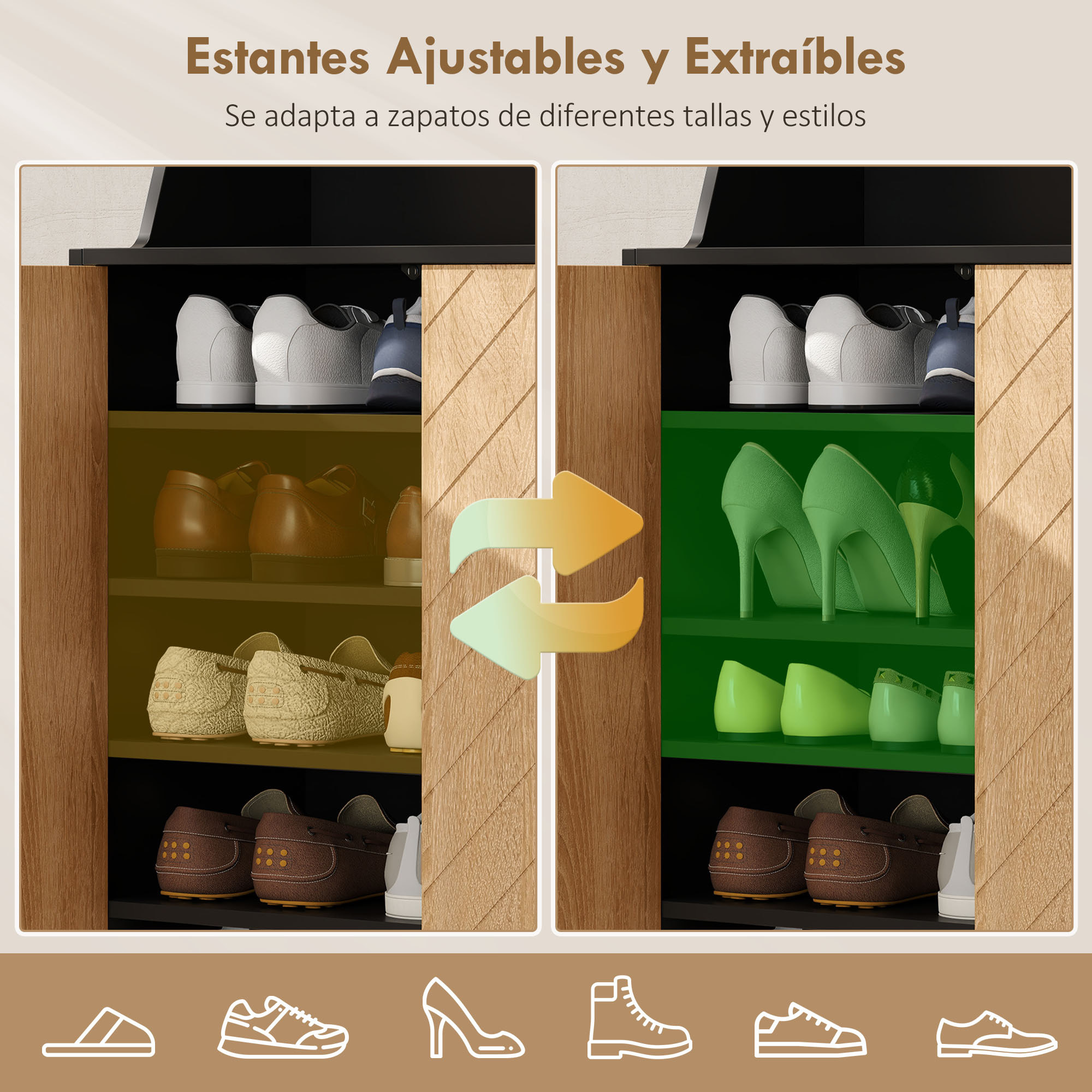 Zapatero de 2 Puertas en Espiga, Zapatero Entrada Recibidor con Estantes Ajustables, Compartimento Abierto y Patas de Madera, para 15 Pares de Zapatos, 75x35x104 cm, Negro y Natural