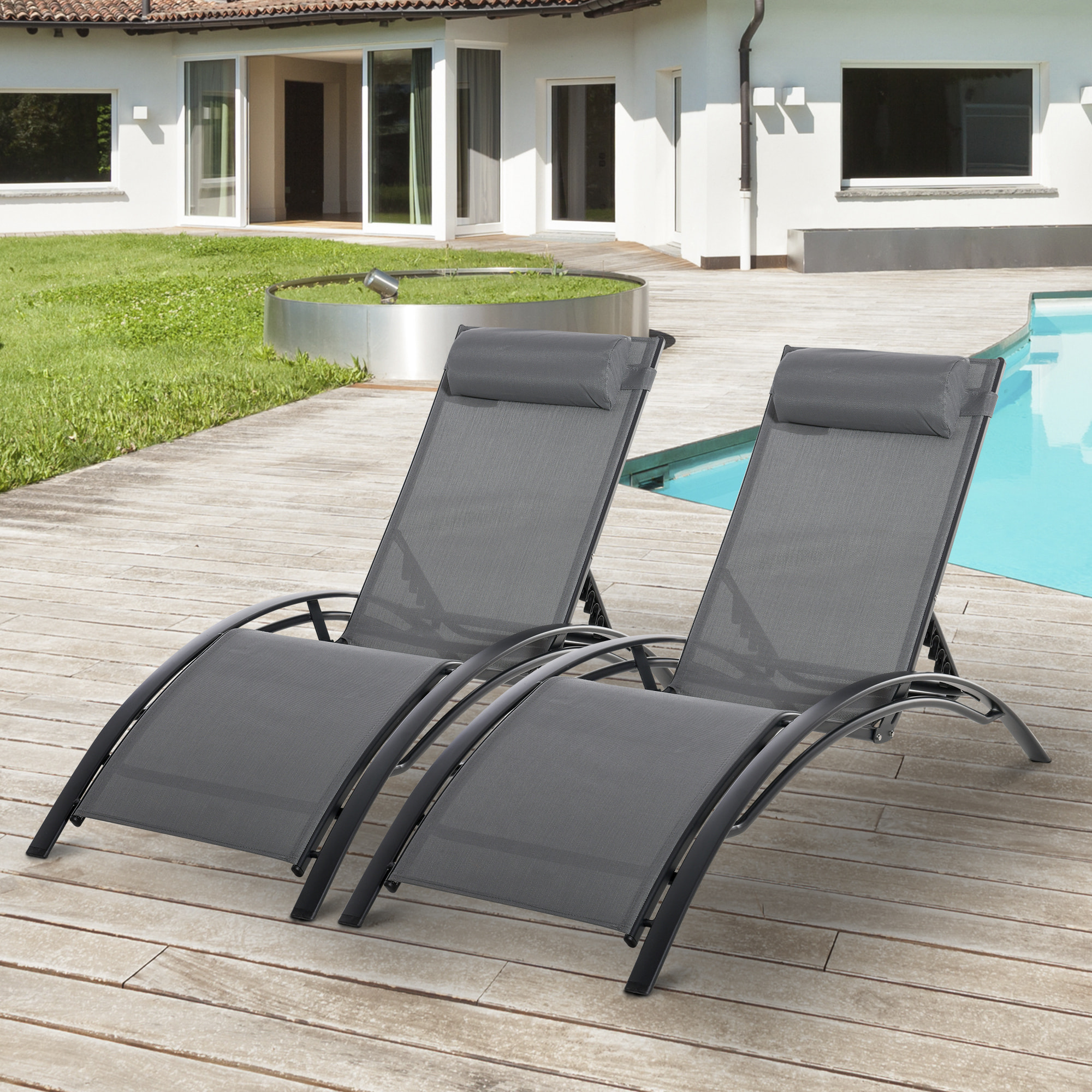 Juego de 2 Tumbonas de Jardín Relax con Marco de Aluminio Tumbonas Reclinables con Respaldo Ajustable en 5 Posiciones y Reposacabezas para Terraza Balcón 171x64x82 cm Gris