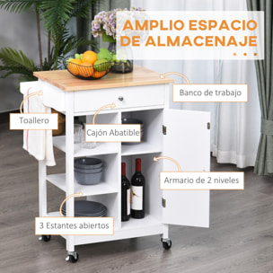 Carrito de Cocina con Cajón de Madera 66x39,5x86,5cm Blanco