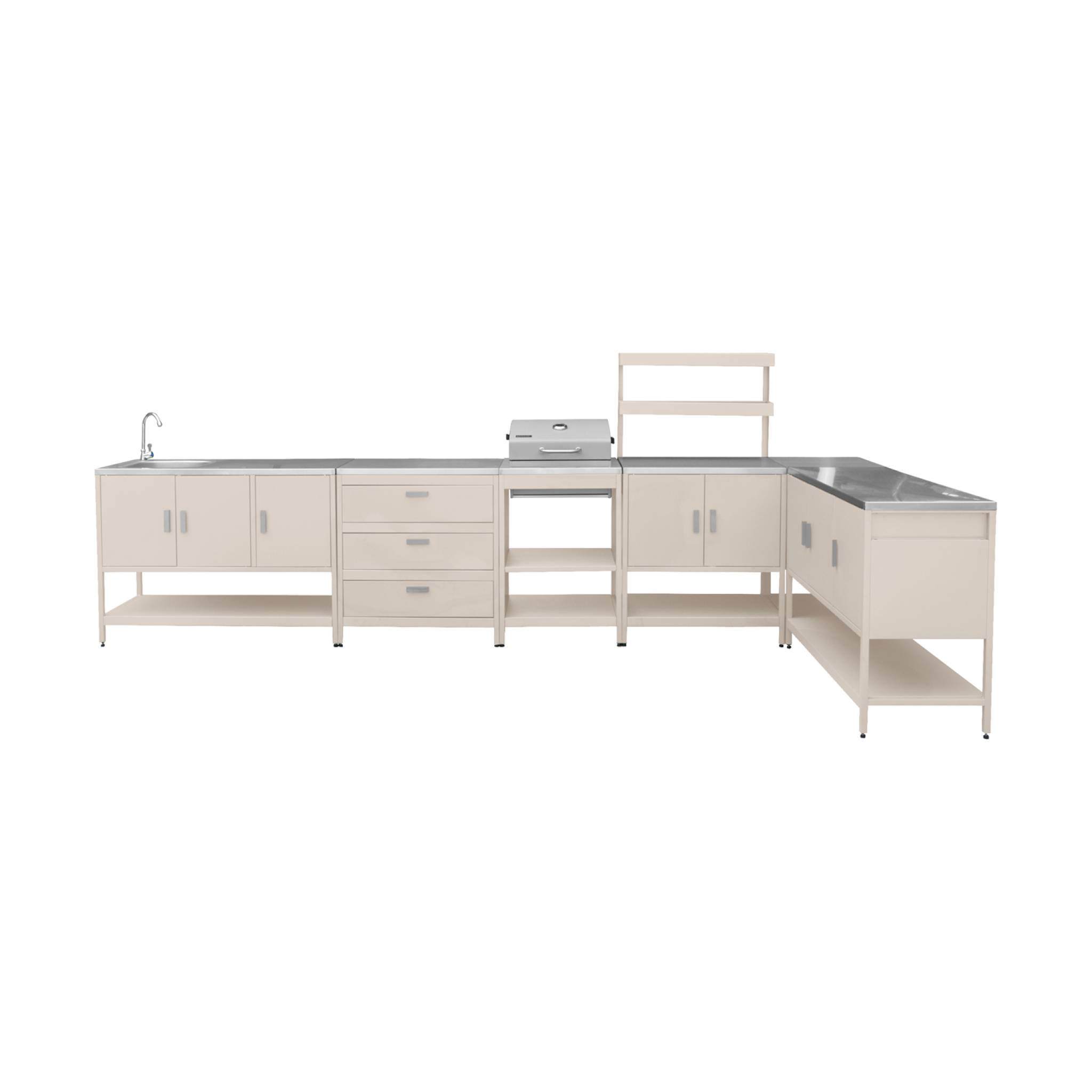 Cuisine extérieure Naxos 5 modules avec barbecue au charbon acier inoxydable beige