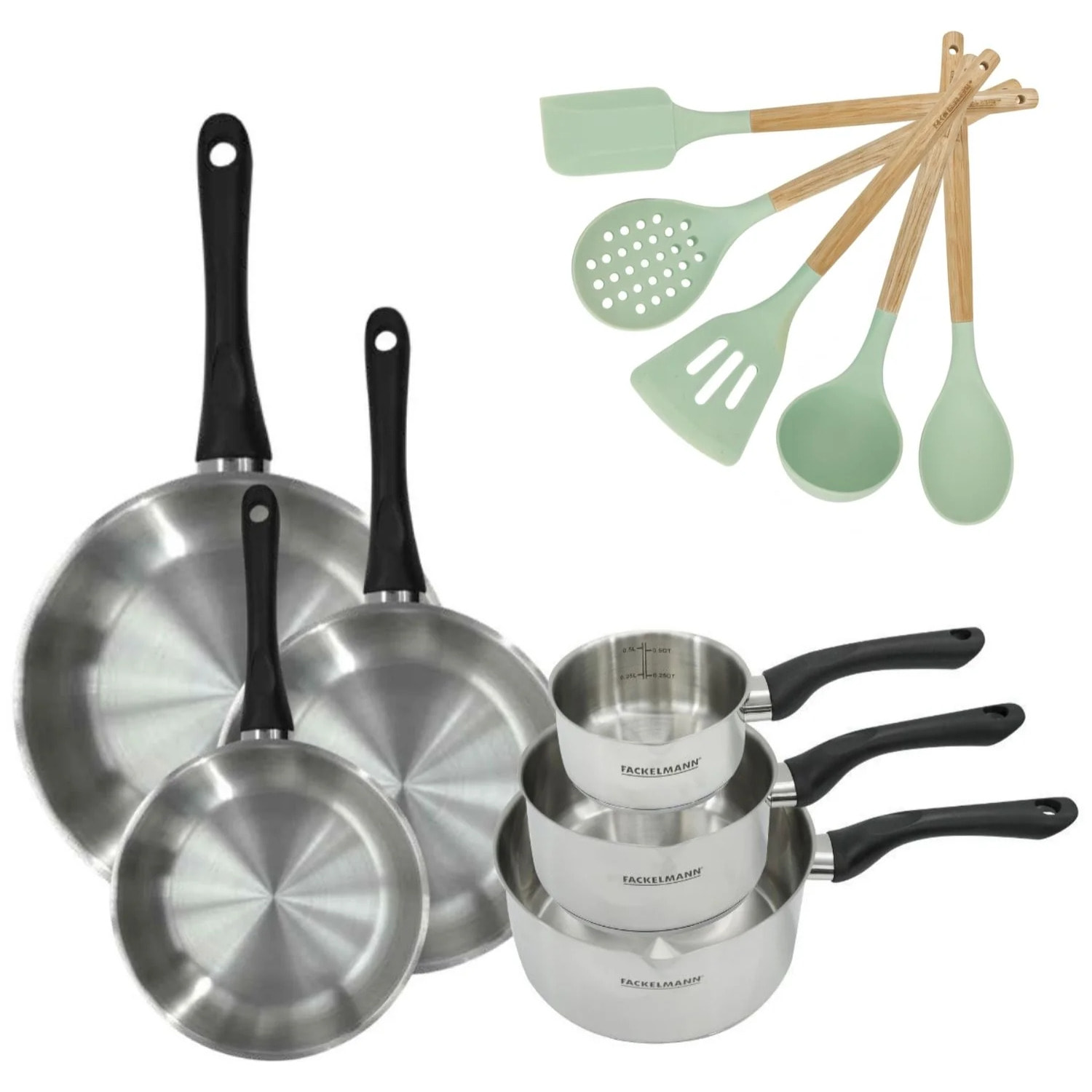 Lot de 3 poêles 20/24/28 cm en inox et 3 casseroles 12/16/20 cm Fackelmann Geneva avec 5 ustensiles