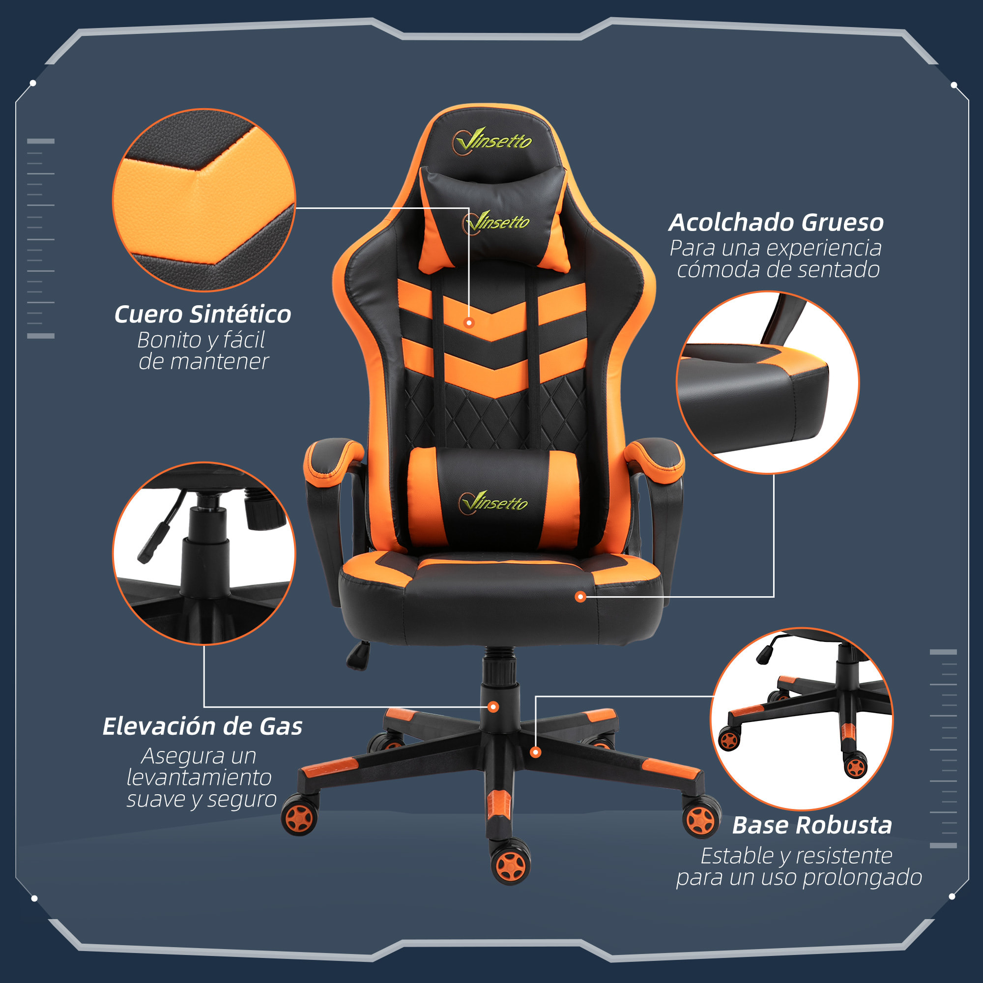 Silla Gaming de Oficina Ergonómica Altura Ajustable Naranja