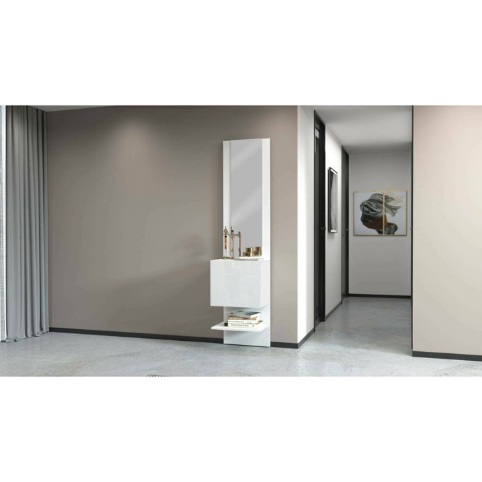 Mobile da ingresso Ivana, Armadietto multifunzione con specchio, Scarpiera a 1 anta, 45x35h190 cm, Bianco