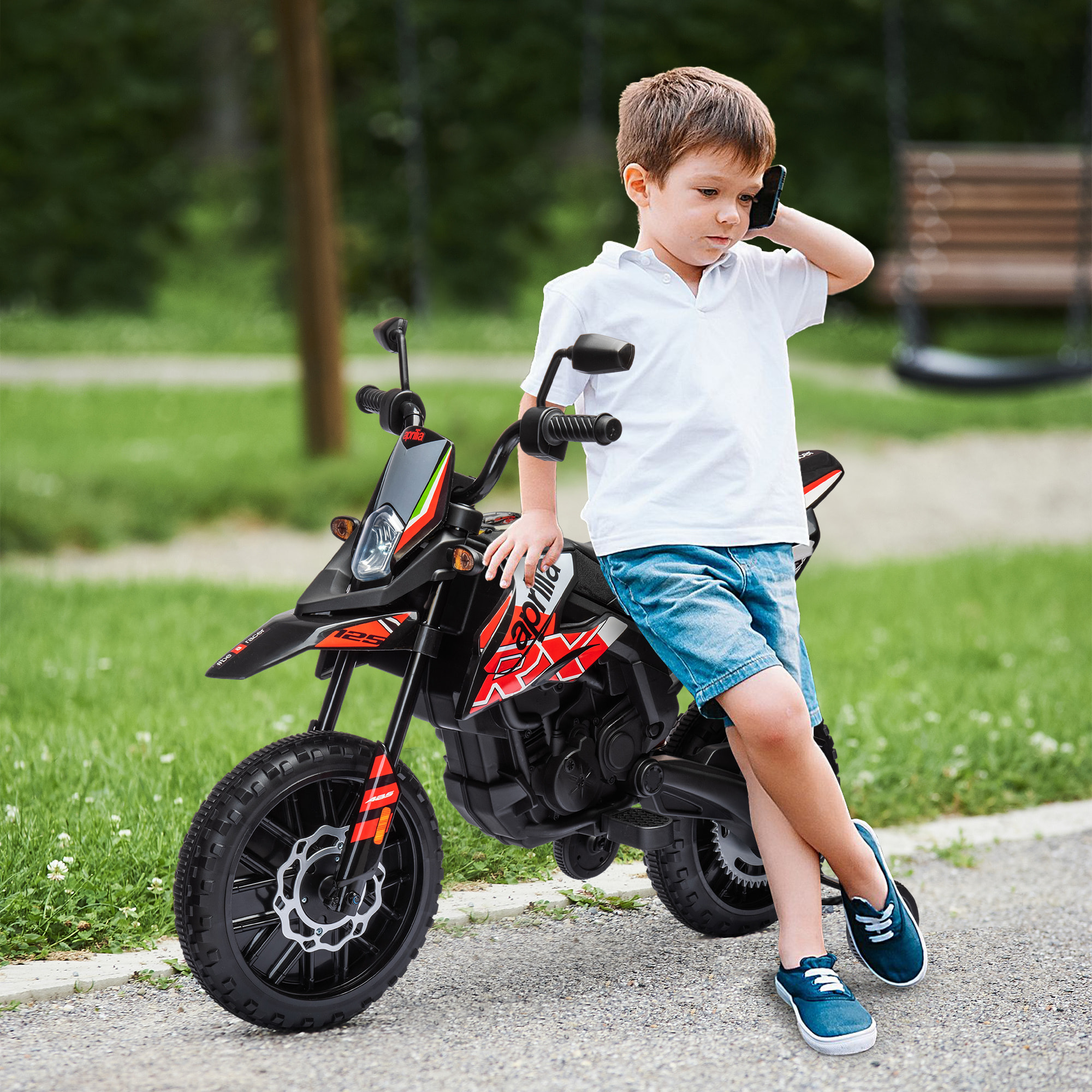 Moto Eléctrica para Niños 12V con Licencia Aprilia, Moto Eléctrica Infantil con Ruedas Auxiliares Desmontables, 6 km/h, Suspensión Trasera, Faro, Música y USB, para Niños 37-96 Meses, Rojo