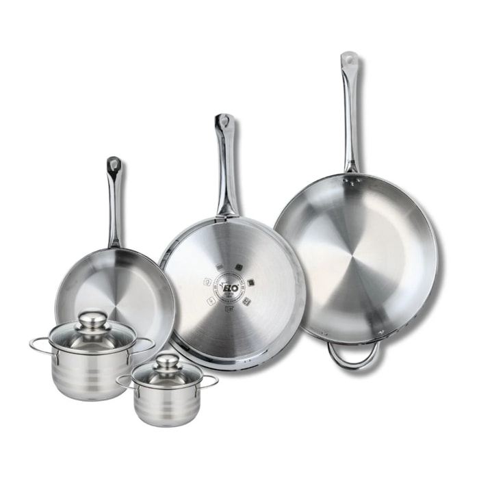 Ensemble de 3 Poêles de cuisson 24, 28 et 32 cm et 2 faitouts 12 et 14 cm Elo Profi Brillant