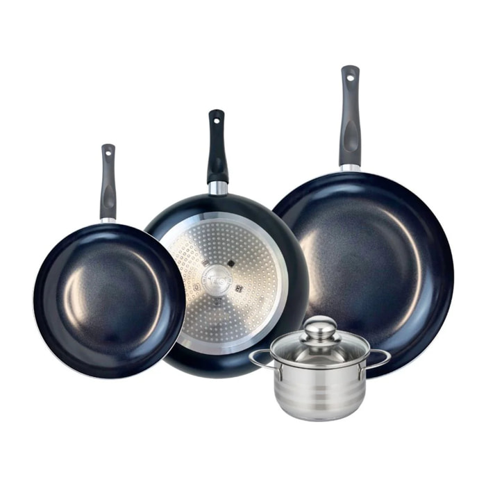 Ensemble de 3 Poêles de cuisson 24, 28 et 32 cm et 1 faitout 14 cm Elo Prima Brillant