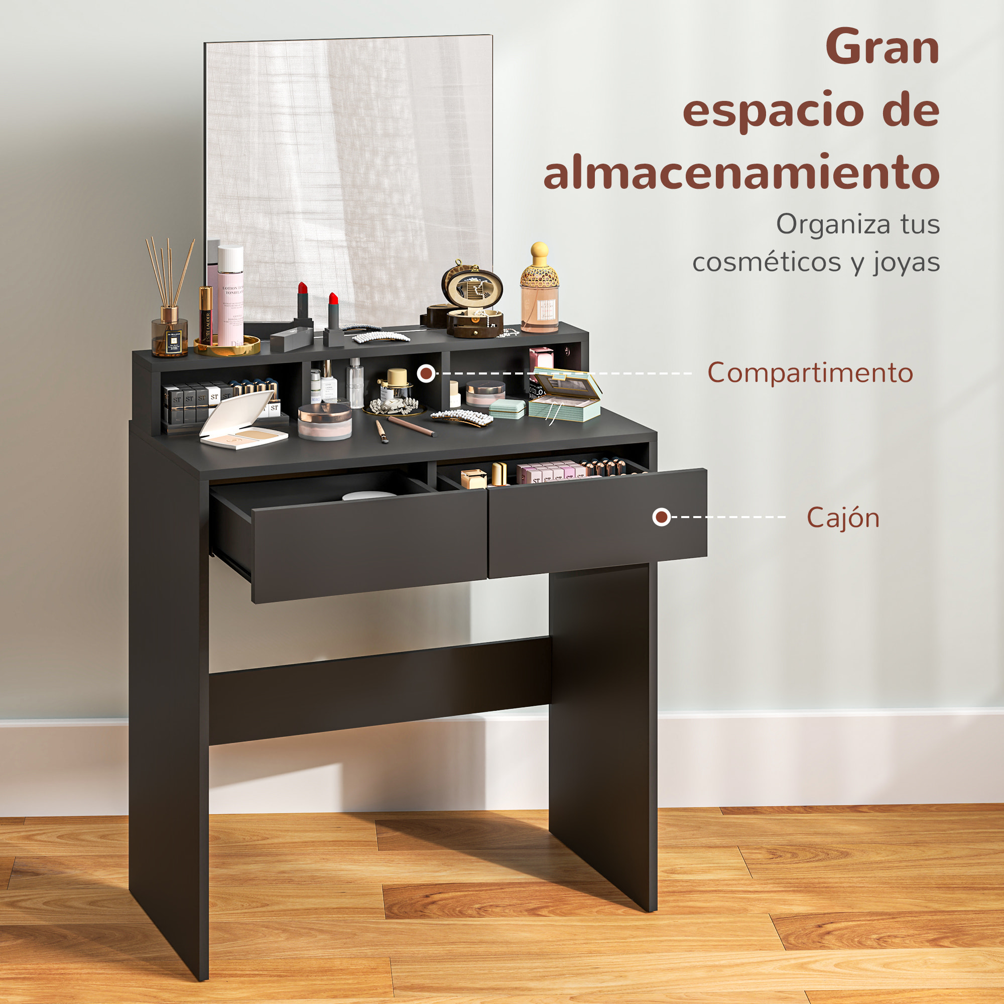 Tocador de Maquillaje con Espejo, Tocador con 2 Cajones, 3 Compartimentos Abiertos, Mesa de Maquillaje para Espacios Pequeños, Dormitorio, Negro