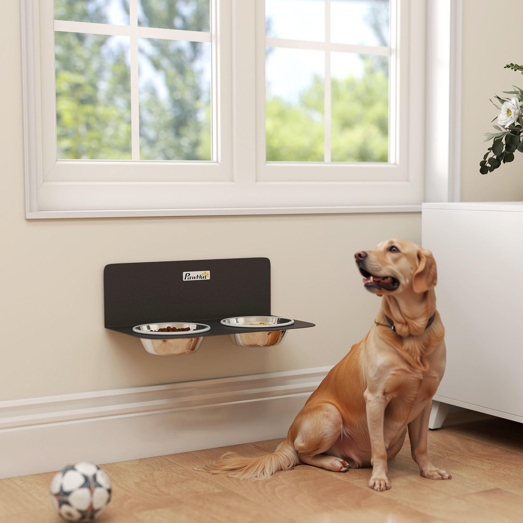 Gamelle chien murale double dim. 42 x 23 x 14 cm acier inox noir