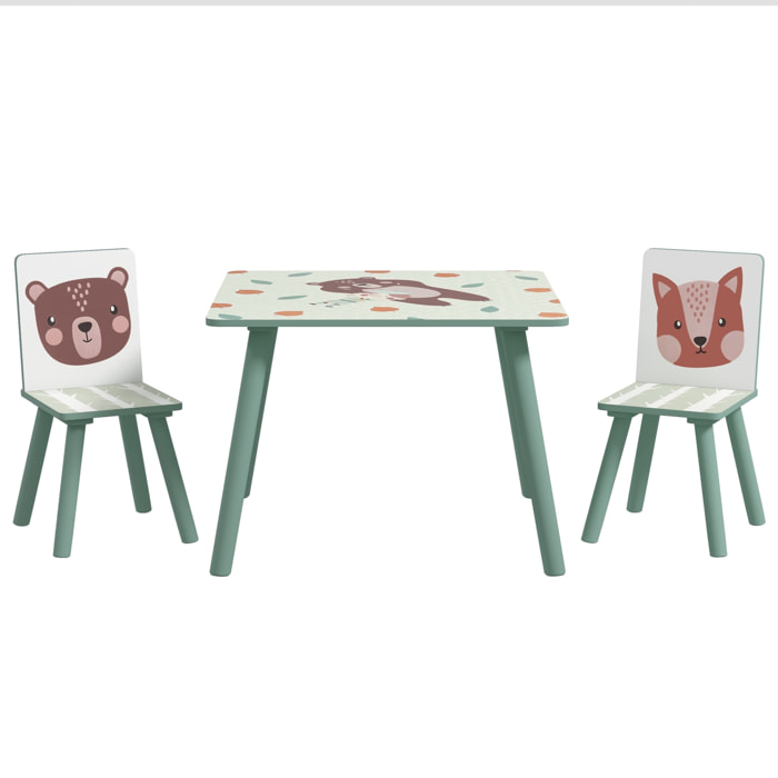 Ensemble table et chaises enfant design animaux de la forêt - table carrée + 2 chaises - bois pin MDF vert