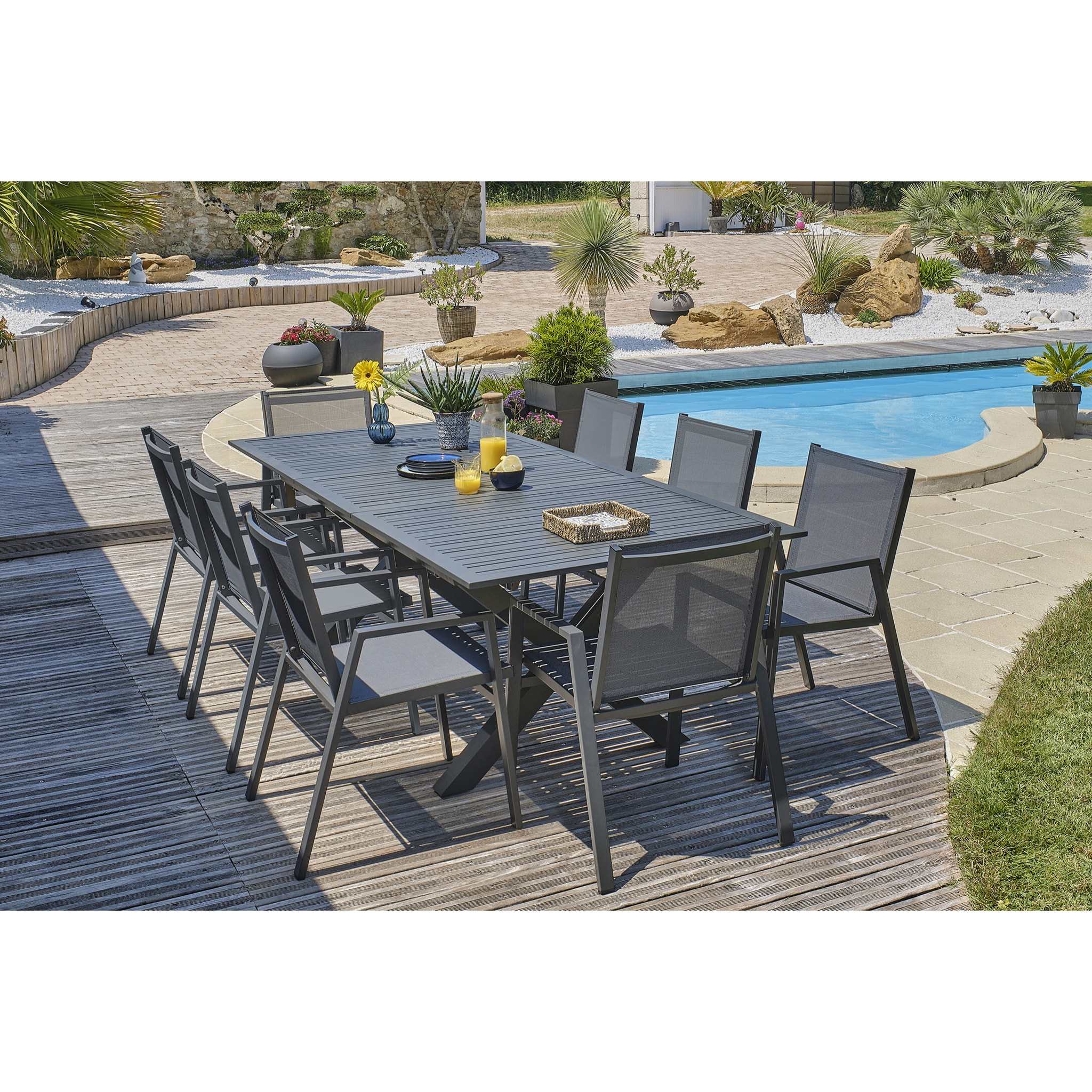 FLORIDE - Ensemble repas de jardin 8 places en aluminium