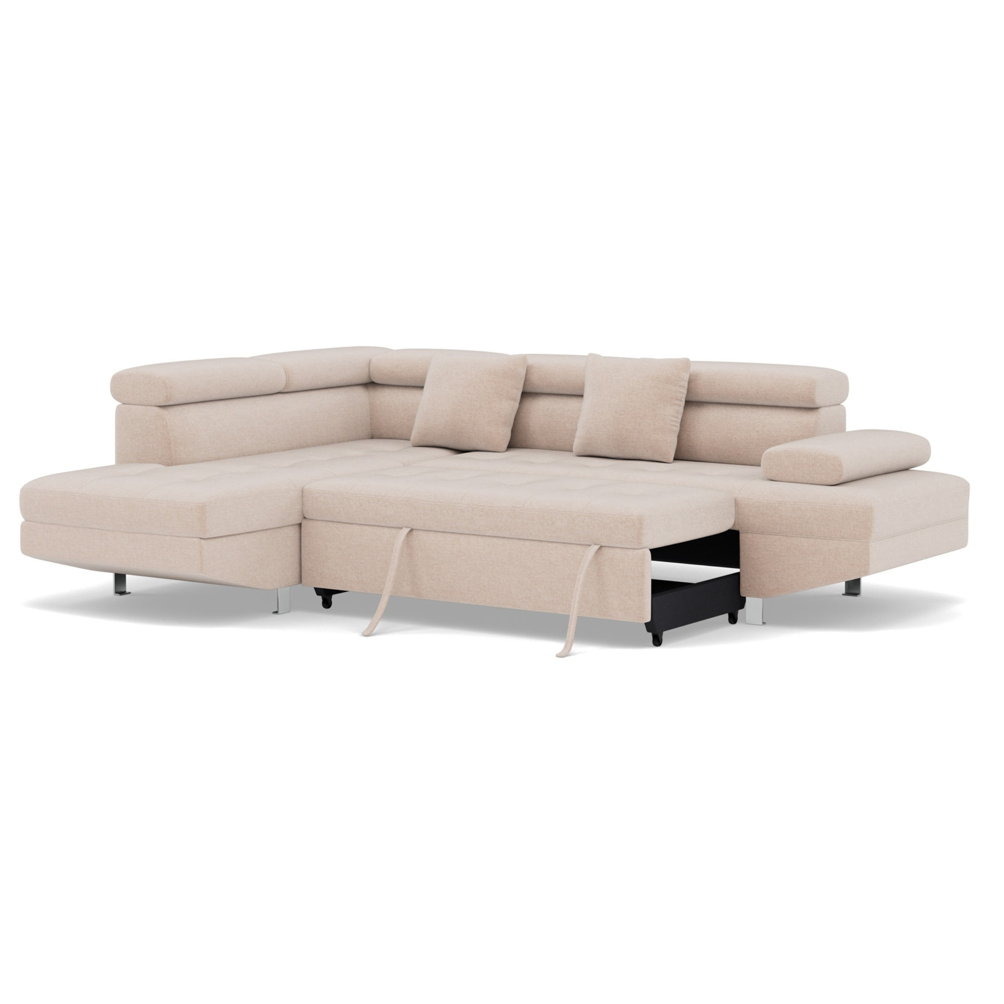 Margaux - Canapé d'angle gauche 5 places convertible avec coffre et têtières réglables en velours texturé - Beige
